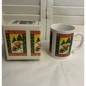 Vintage 1990's MARY ENGELBREIT unused Christmas mug in original box Merrily Sled